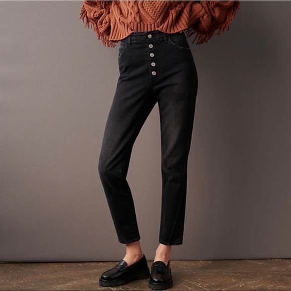 New! AMO Anthropologie Slim Dock High Rise Straight Button Fly Ankle Black Jeans - Picture 1 of 15